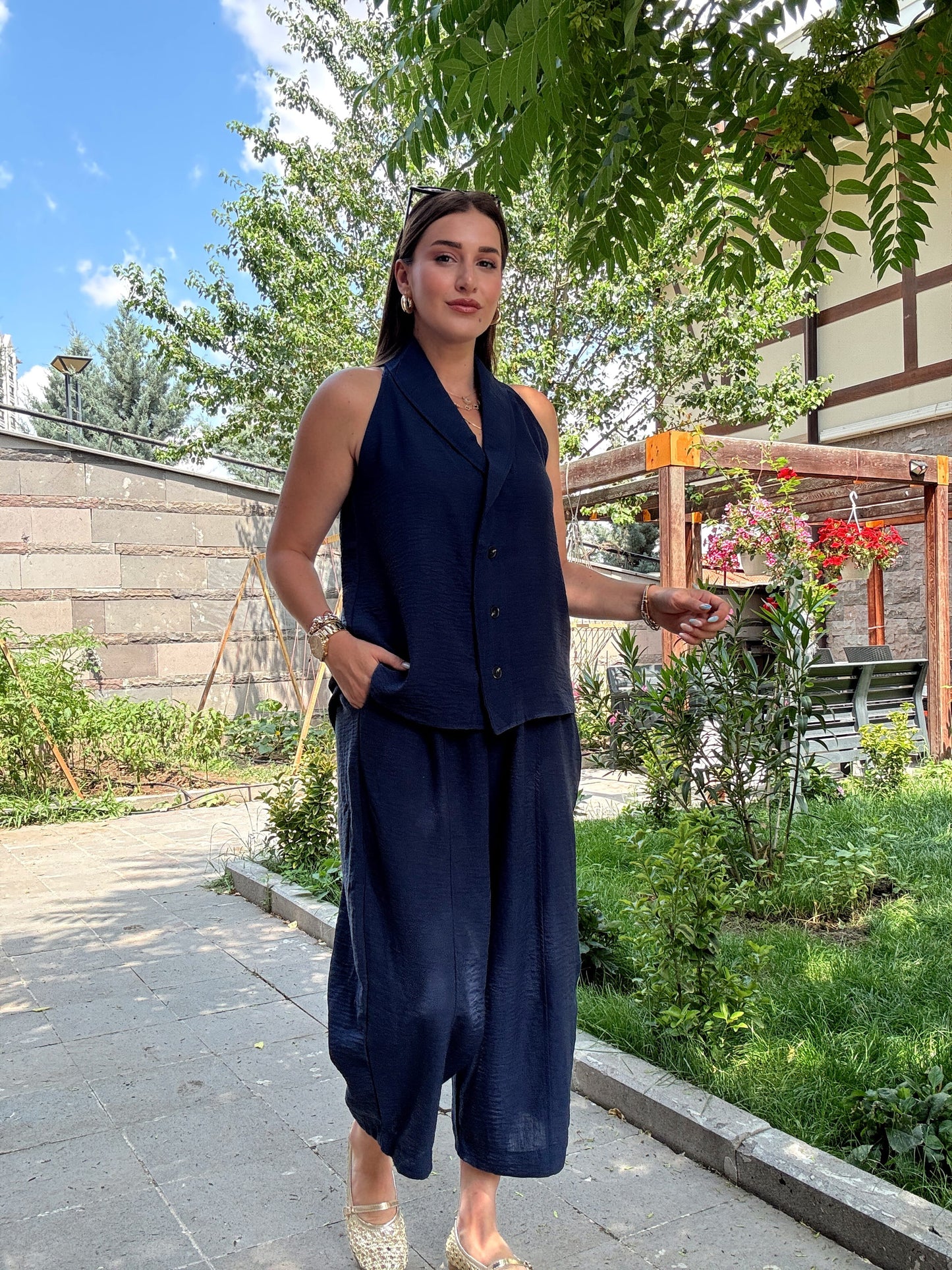 Keten düğmeli sıfır kol takım LACİVERT