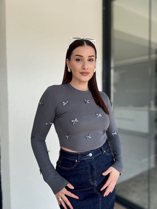 Fiyonklu Crop Bluz GRİ