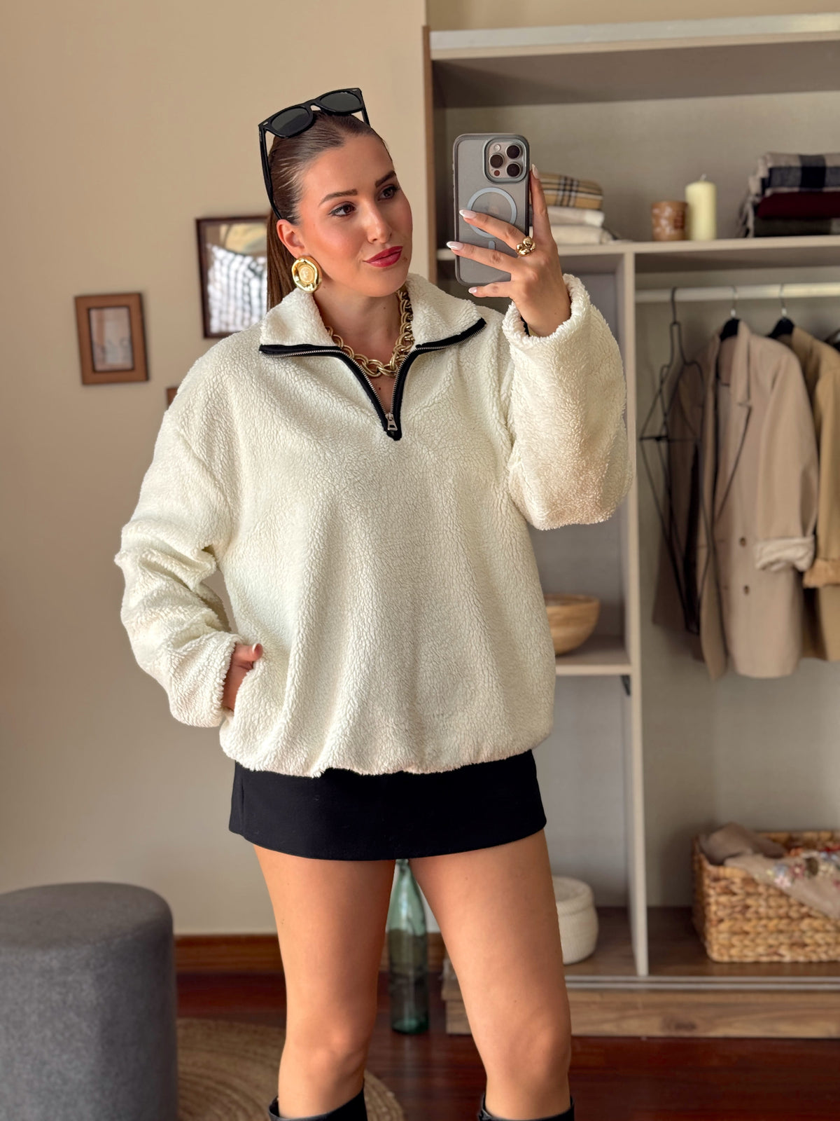 Fermuarlı Polat sweatshirt Beyaz