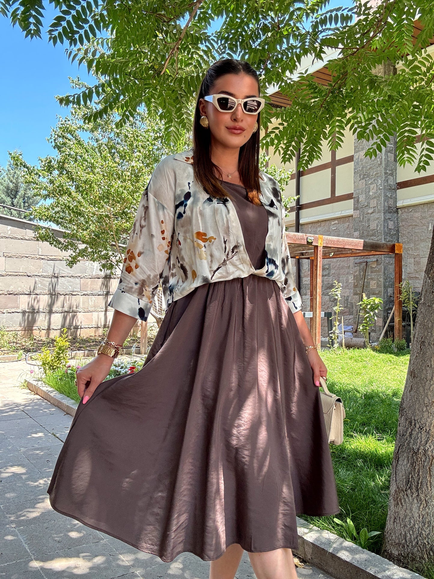 Batik desen gömlekli elbise Kahve