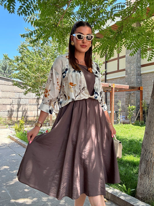 Batik desen gömlekli elbise Kahve