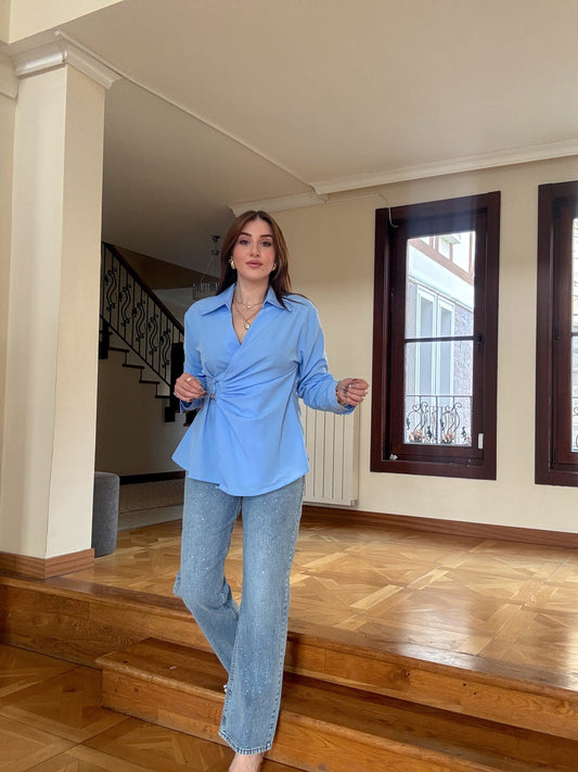 Taşlı Palazzo Jean Pantolon Mavi