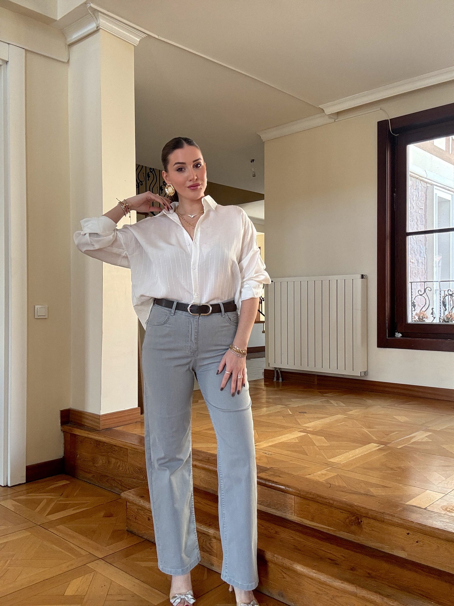 Kemerli bol paça palazzo pantolon GRİ