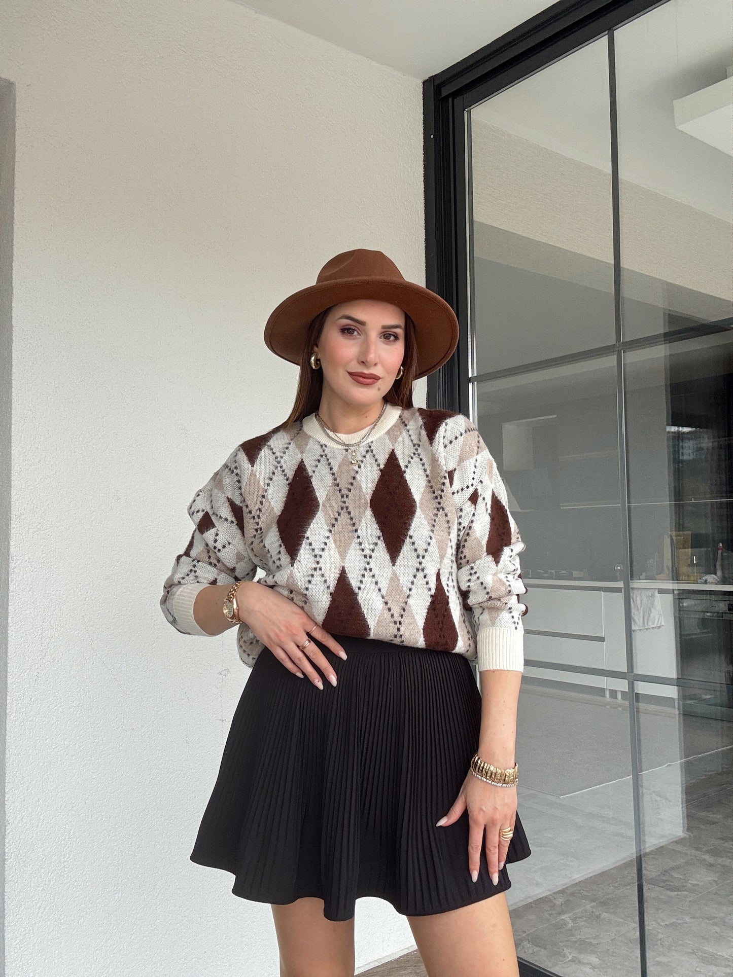 Tunik boy oversize baklava desenli kazak-BEJ