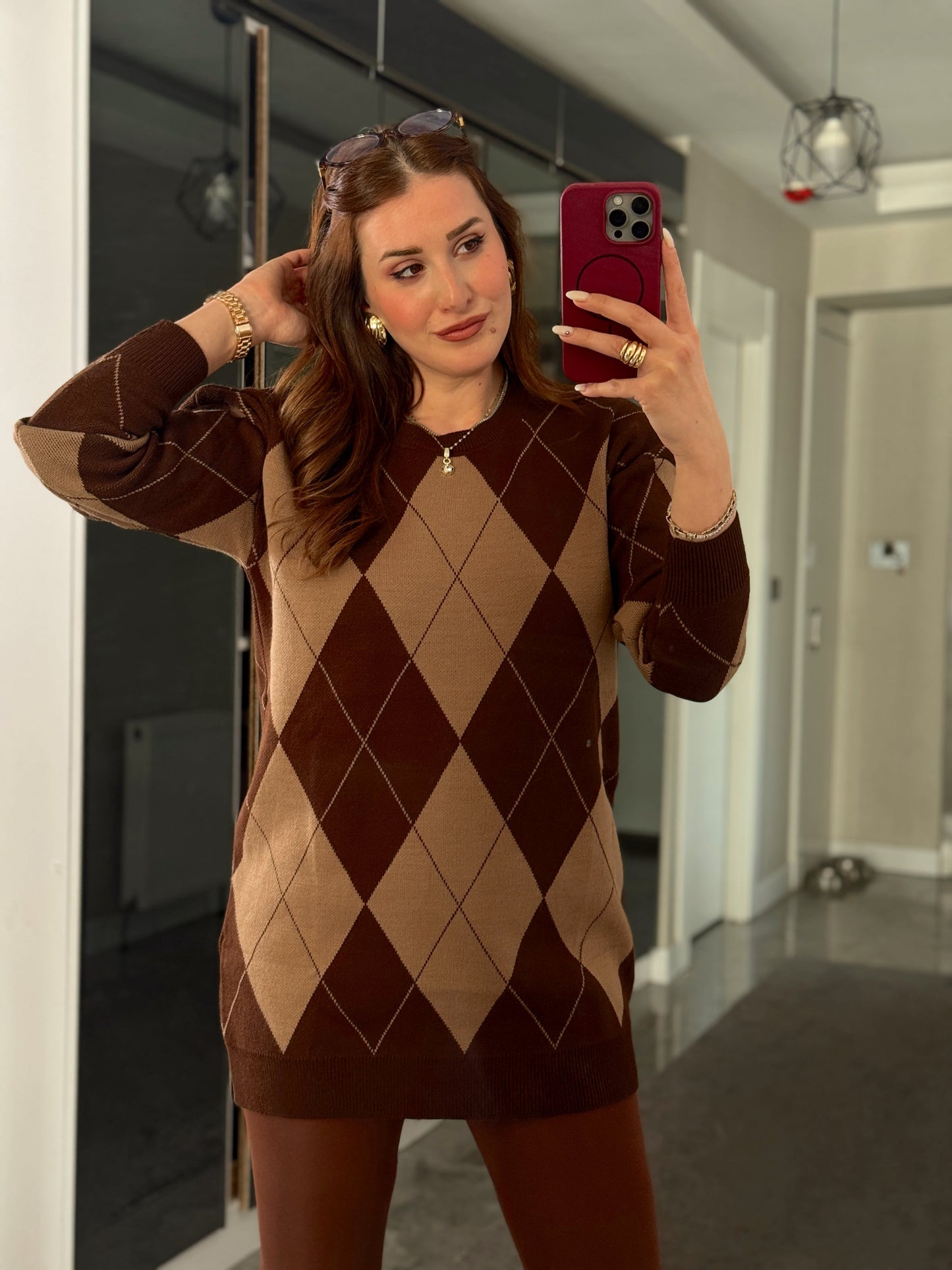 Pike Örgü Baklava Desenli Kazak ACI KAHVE