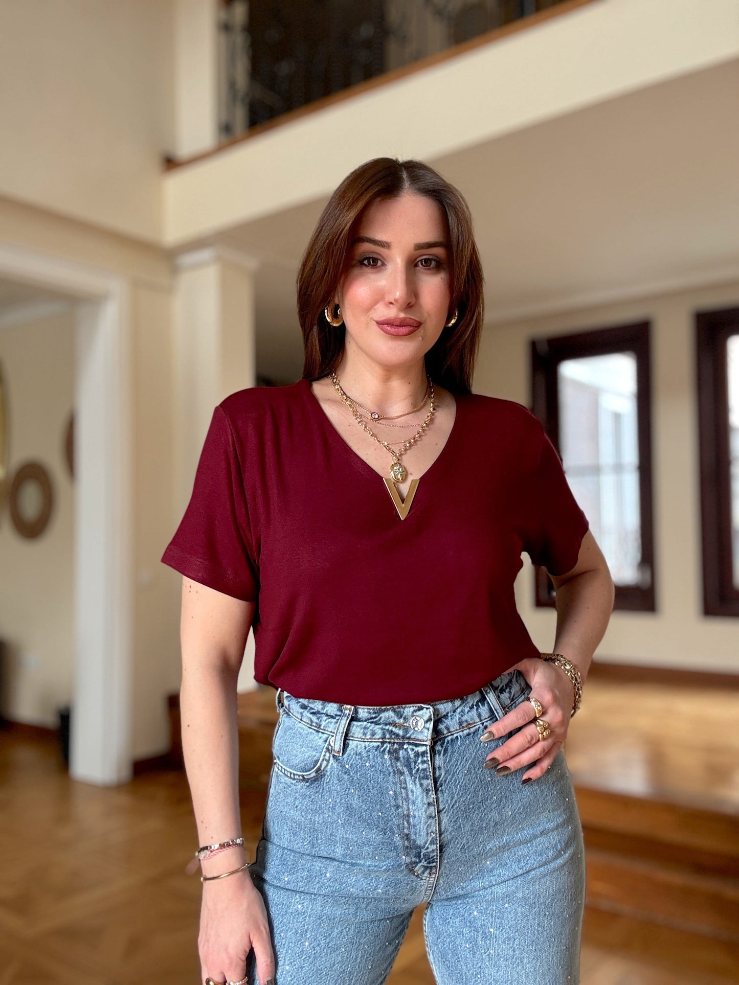 Modal Aksesuarlı Bluz Bordo