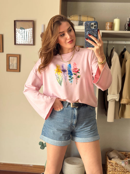 Çiçek desenli modal sweat Pembe