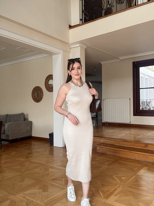 Kolsuz Triko elbise Bej