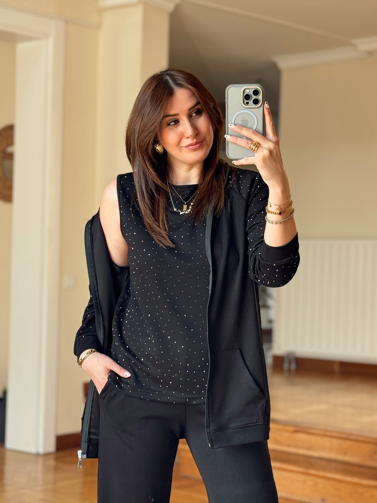 Üçlü Taşlı Oys Takım-SİYAH