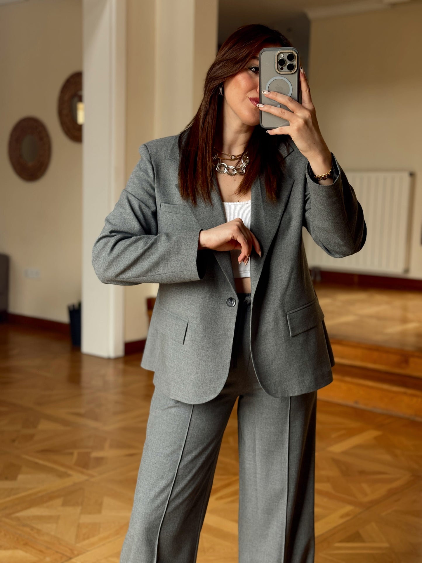 Arkası Düğme Detaylı Çizgili Takım-ANTRASİT