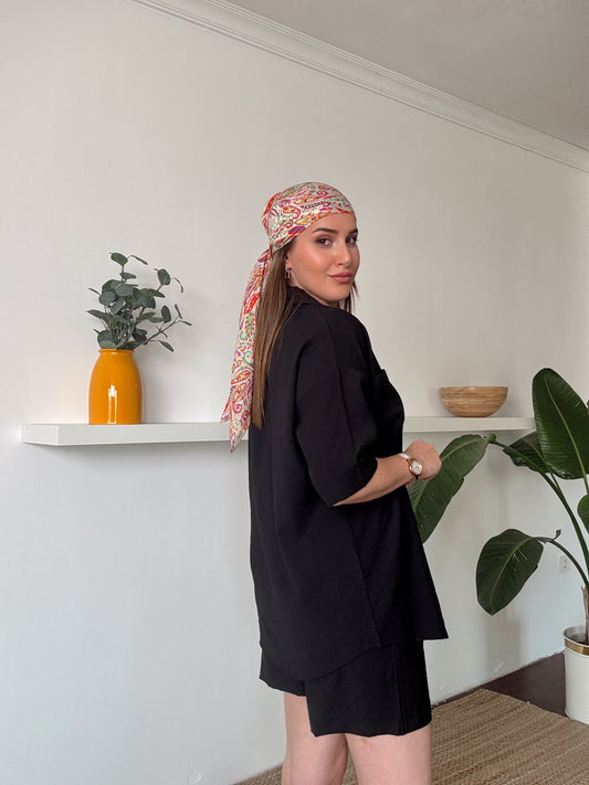 LİCARDİ keten şortlu gömlekli takım SİYAH