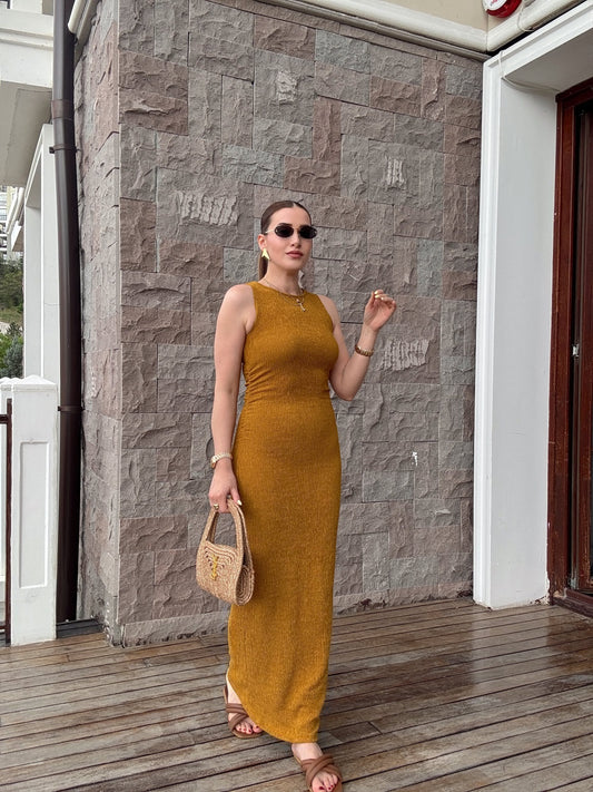 Krinkıl yan lastik büzgülü kolsuz elbise HARDAL