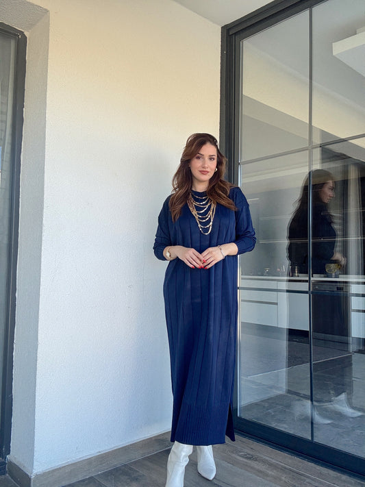 Şerit detaylı uzun triko elbise LACİVERT