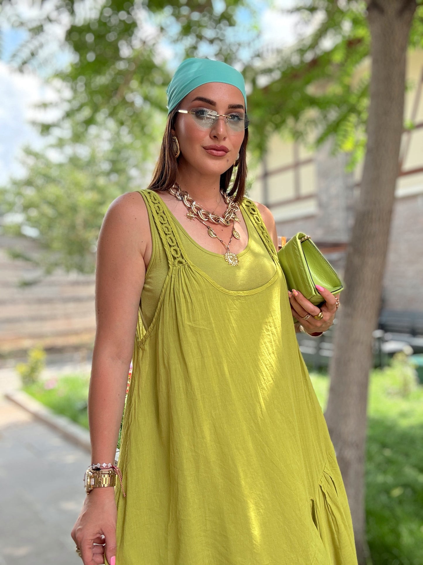 Askı Halka işlemeli Uzun Elbise Yeşil