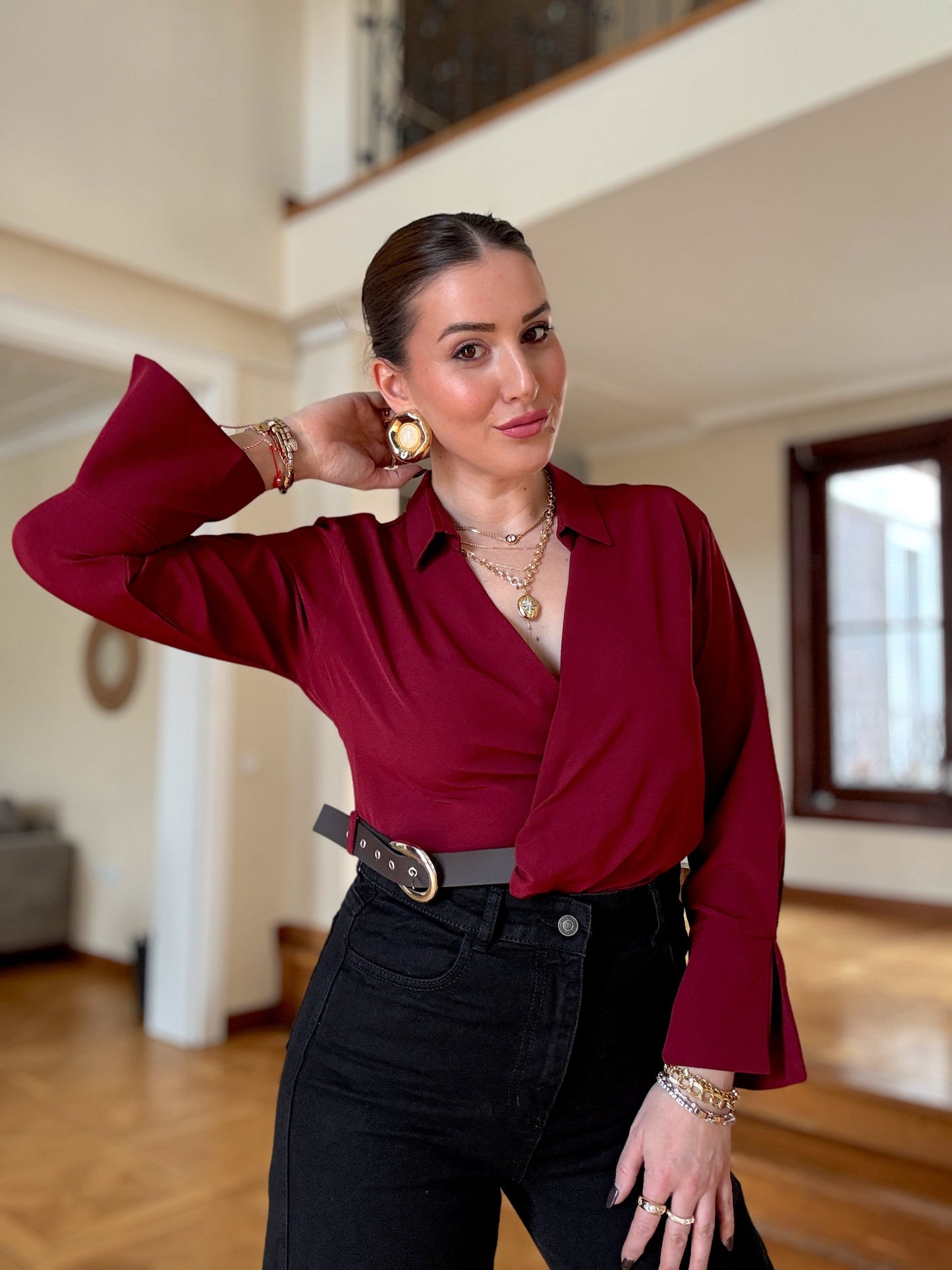 Önü kemer detaylı bluz BORDO