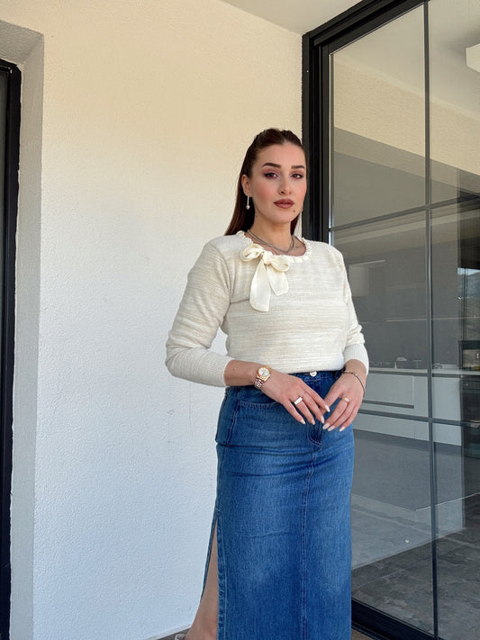 Yaka inci detaylı SİMLİ kazak BEJ