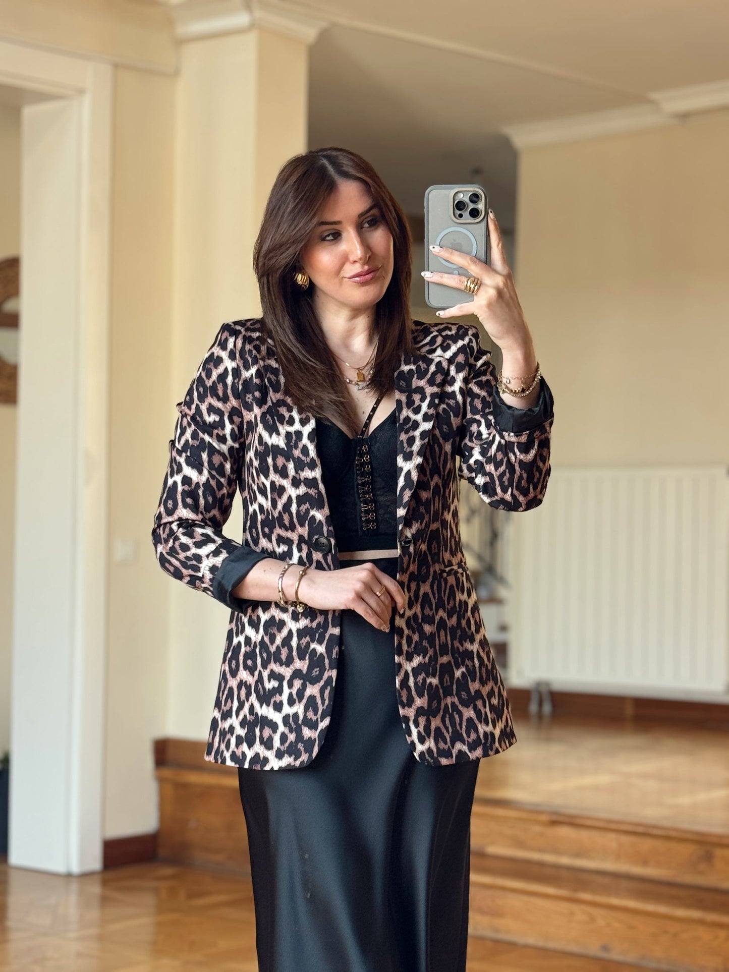 Tek Düğme leopar ceket Leopar