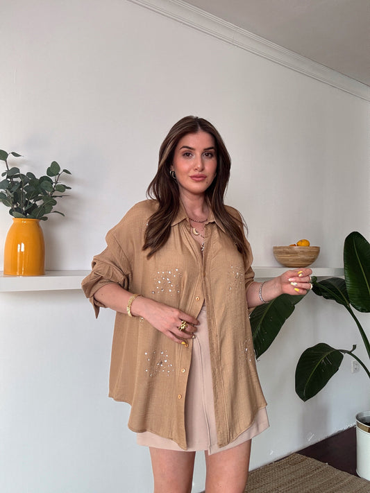DİANA taş detaylı KETEN gömlek CAMEL