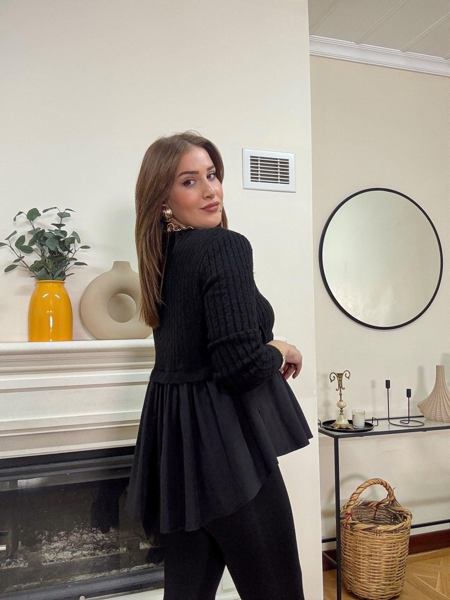 Poplin gömlek garnili triko kazak -SİYAH