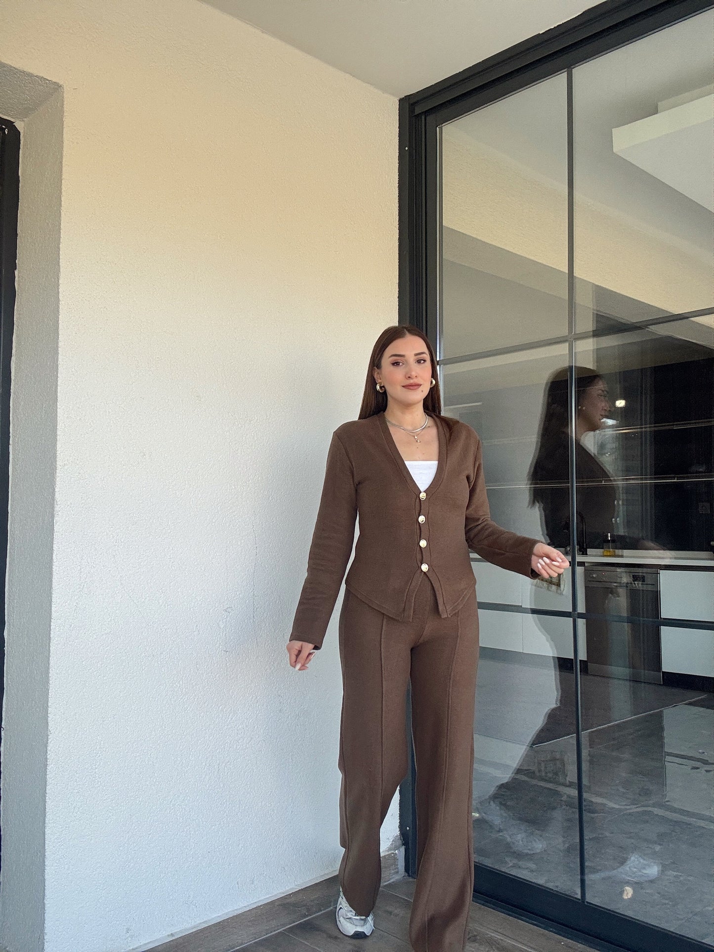 Selanik önü düğmeli ceket çimalı pantolon takım-KAHVERENGİ