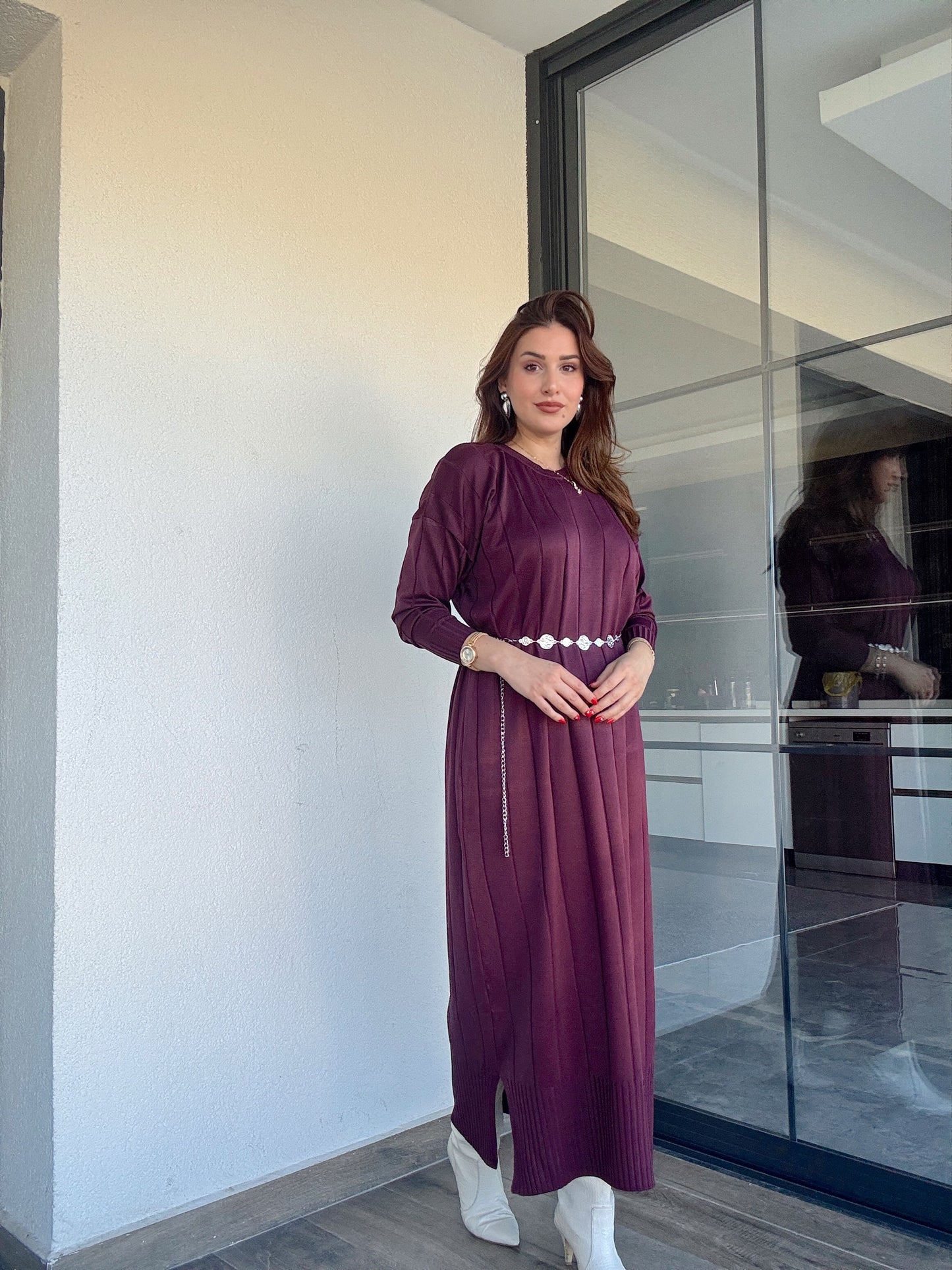 Şerit detaylı uzun triko elbise MÜRDÜM