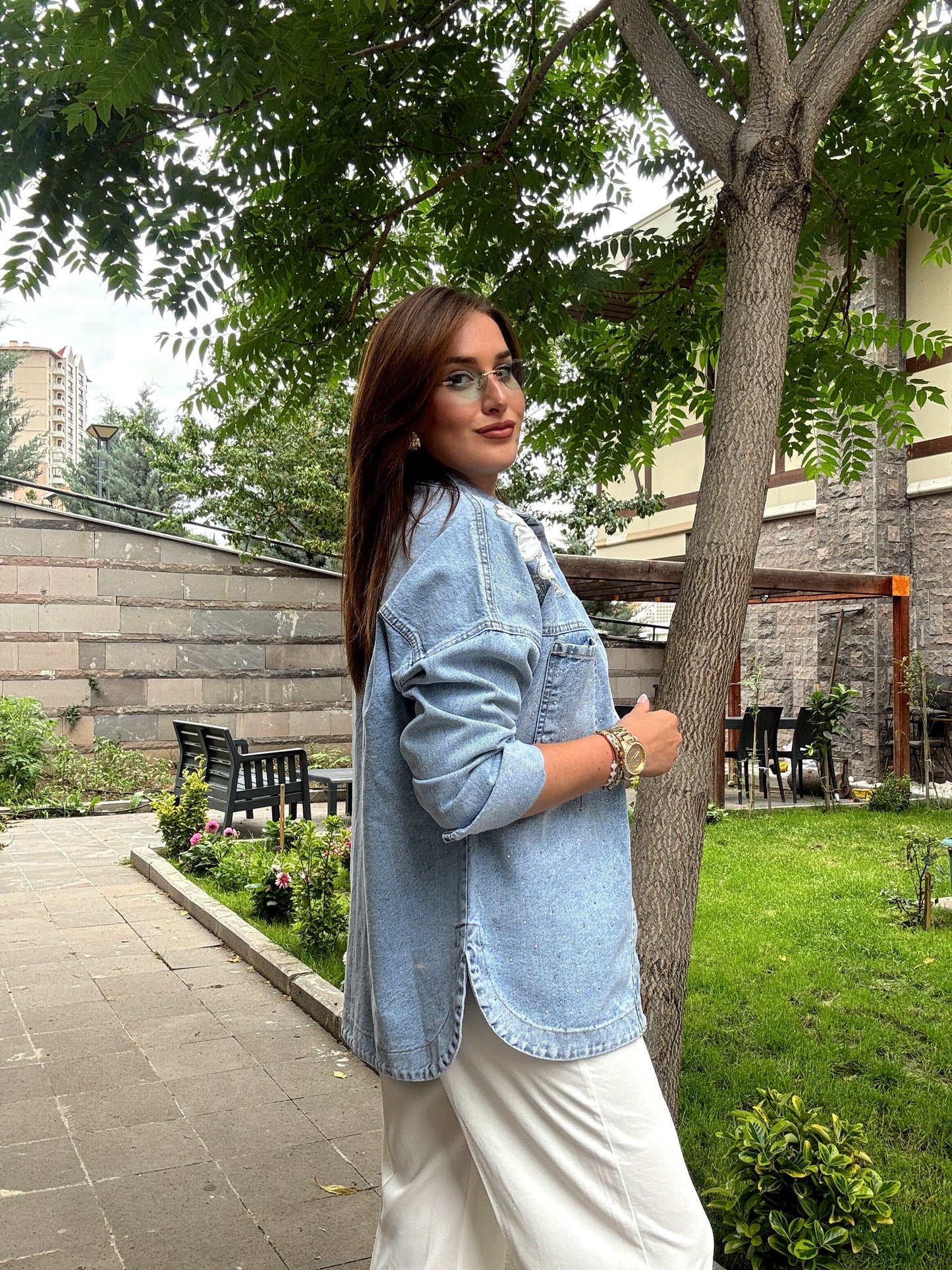 Roi taş işlemeli premium kot ceket Mavi