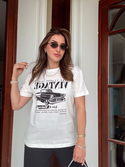 VİNTAGE baskılı basic tişört BEYAZ