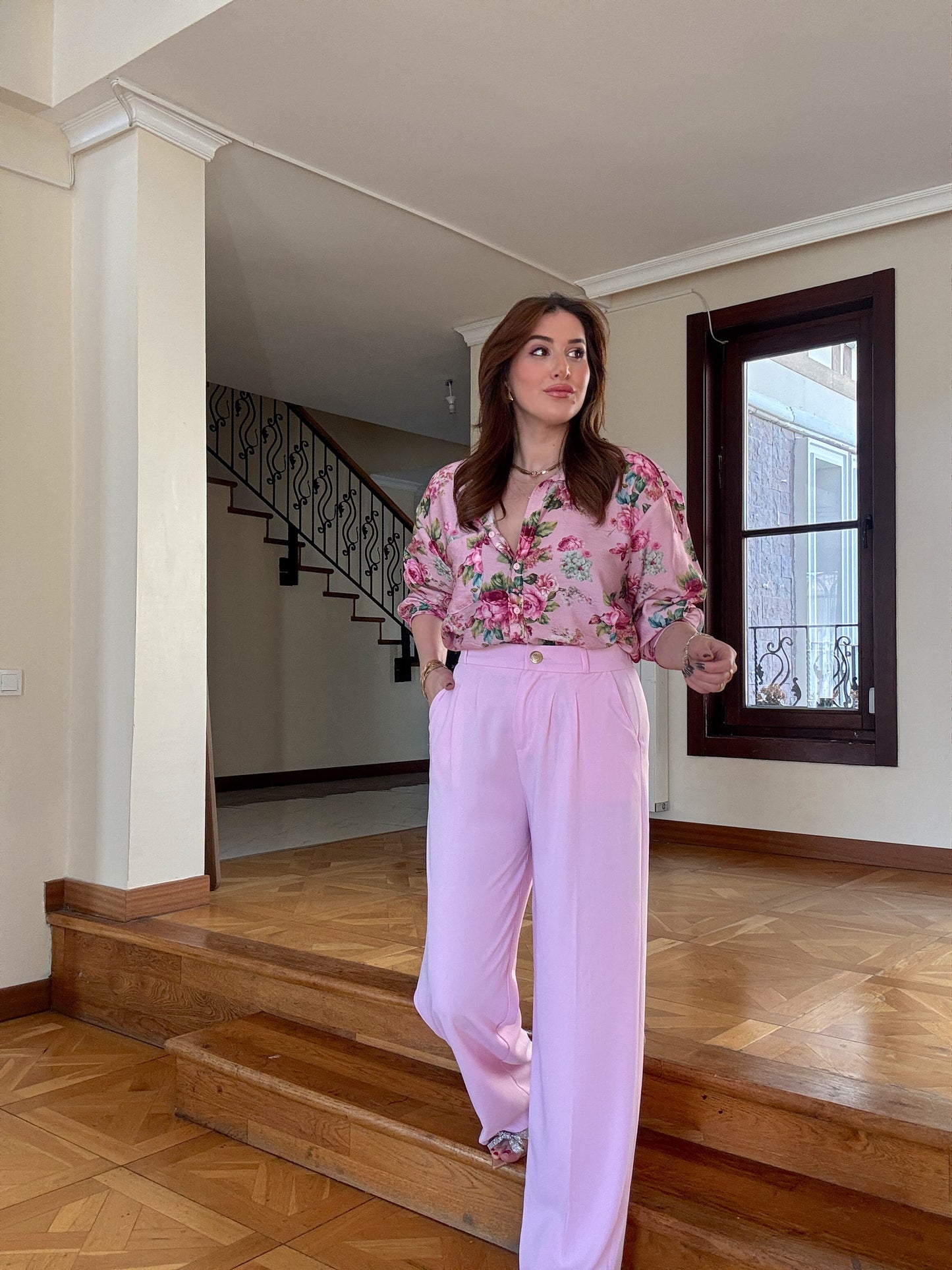 Gold Düğme Premium Palazzo Pantolon Pembe