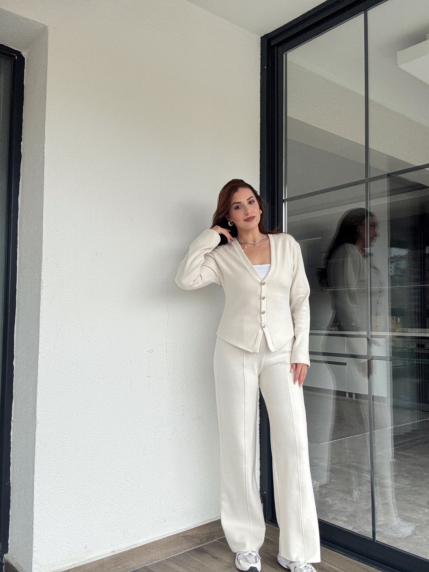 Selanik önü düğmeli ceket çimalı pantolon takım-BEJ