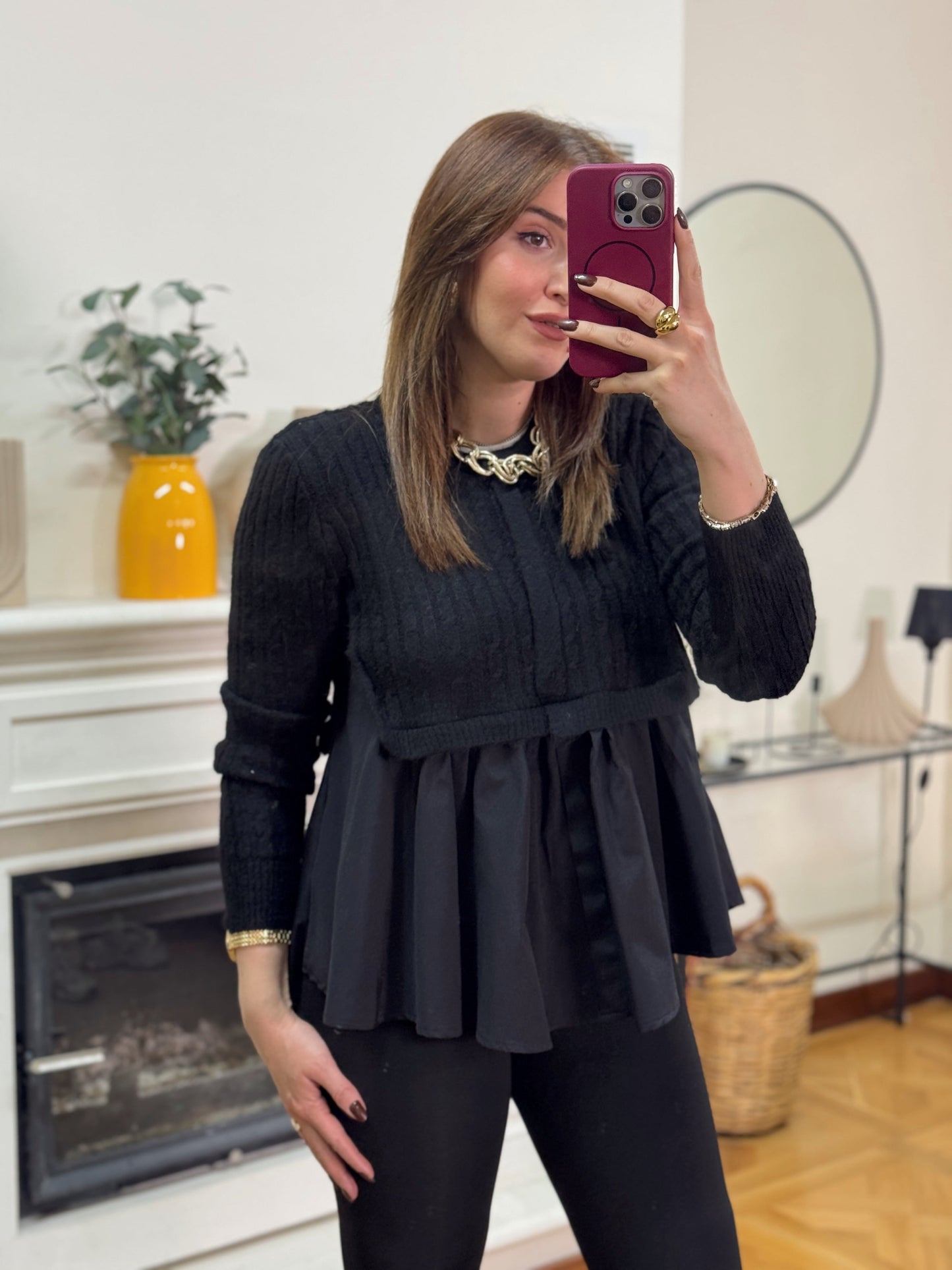 Poplin gömlek garnili triko kazak -SİYAH