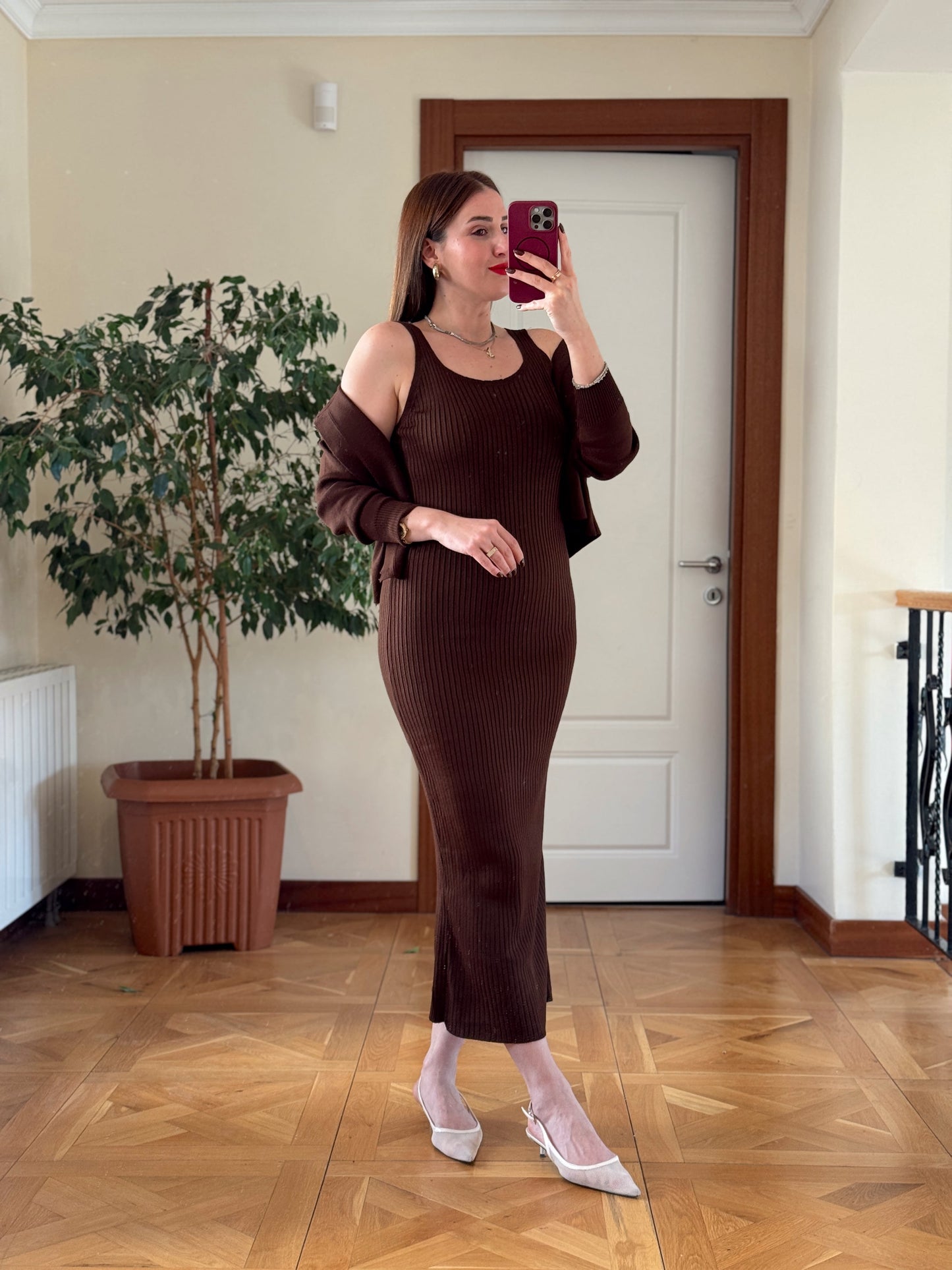 Ceketli Elbiseli Triko Takım - KAHVERENGİ