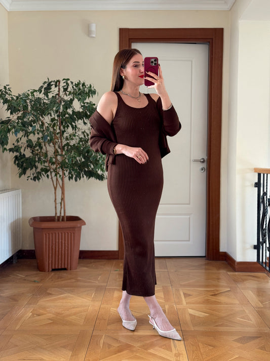 Ceketli Elbiseli Triko Takım - KAHVERENGİ