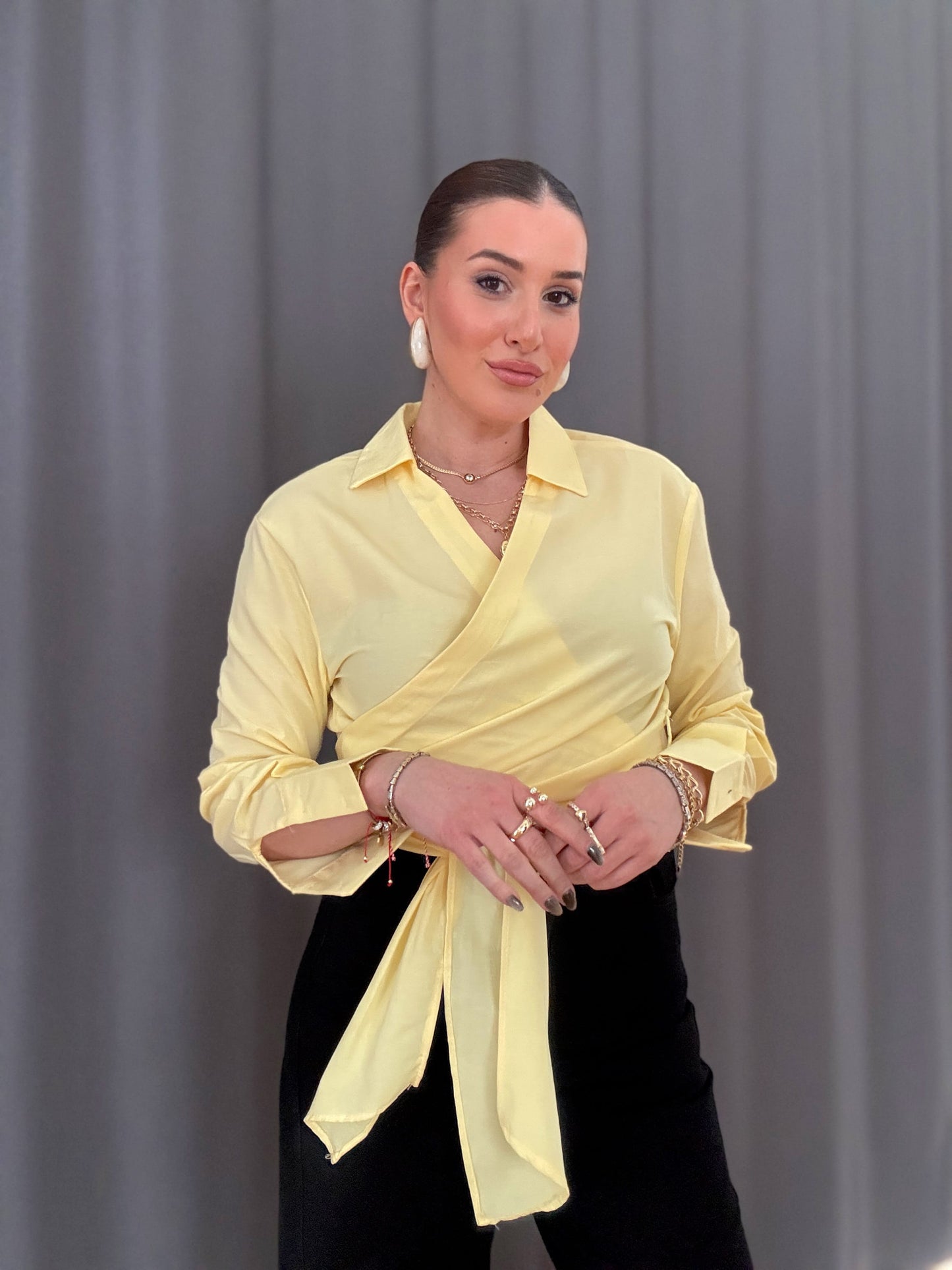 Poplin bağlamalı gömlek Sarı