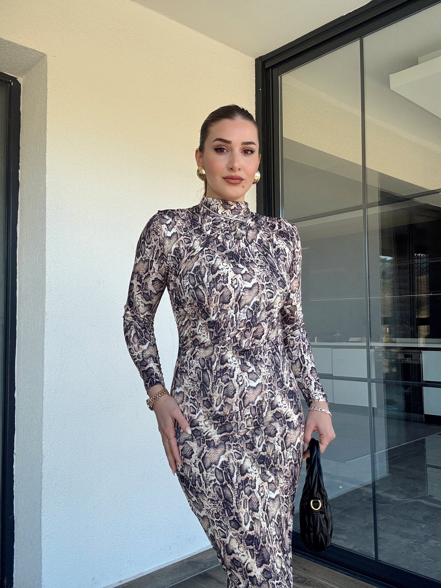 Sandy kumaş drape detaylı SNAKE desen elbise-MİX