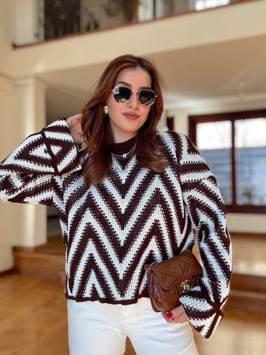 Zikzak desen oversize kazak-KAHVERENGİ