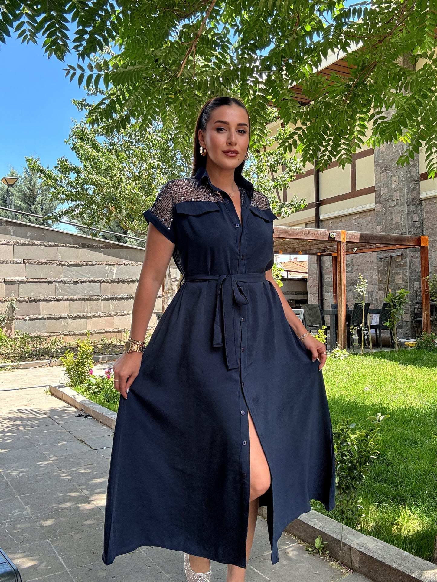 Omuz pul detaylı tensel elbise Lacivert