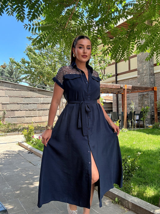 Omuz pul detaylı tensel elbise Lacivert