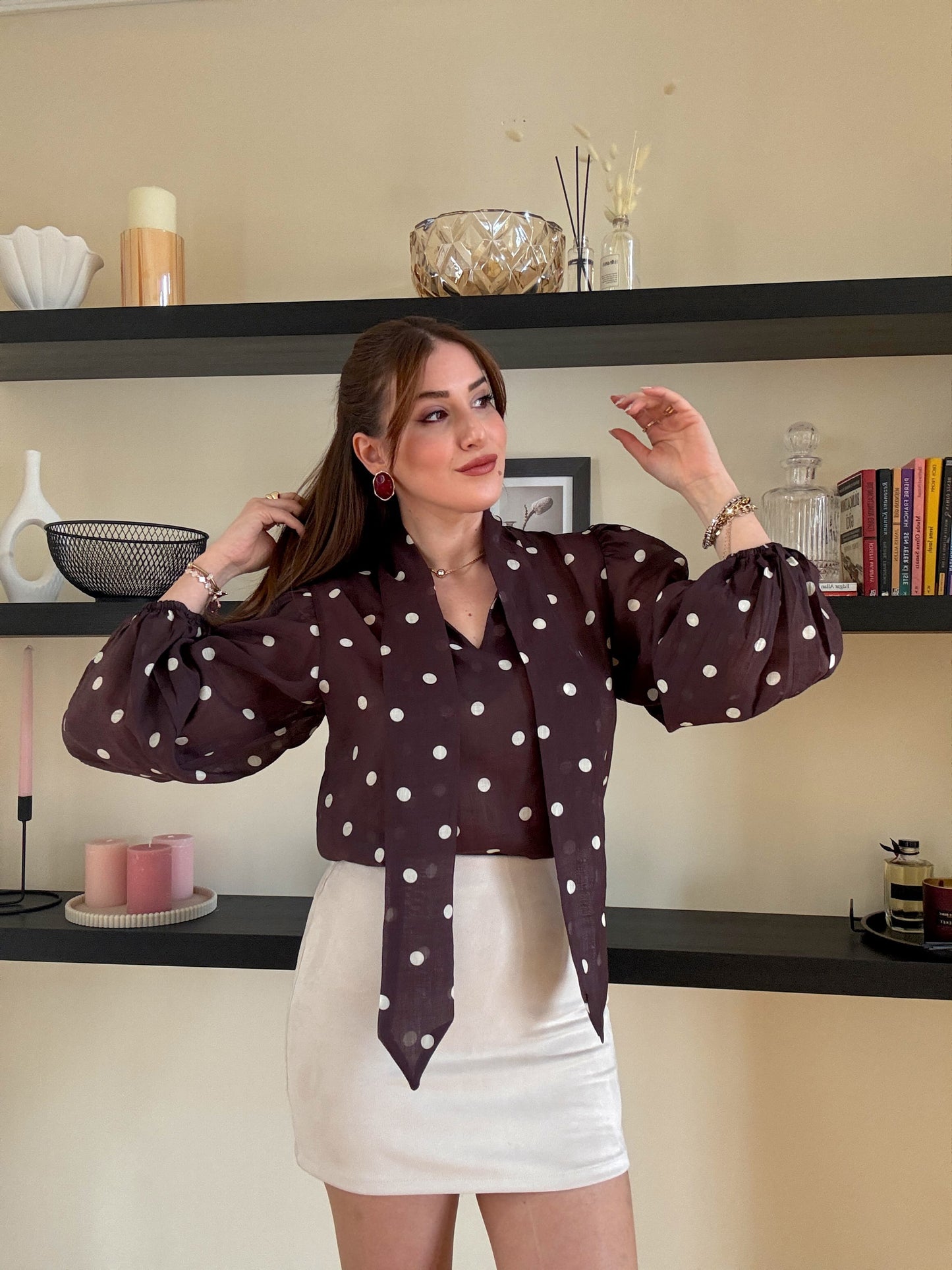 Puantiye desenli viskon gömlek Kahve