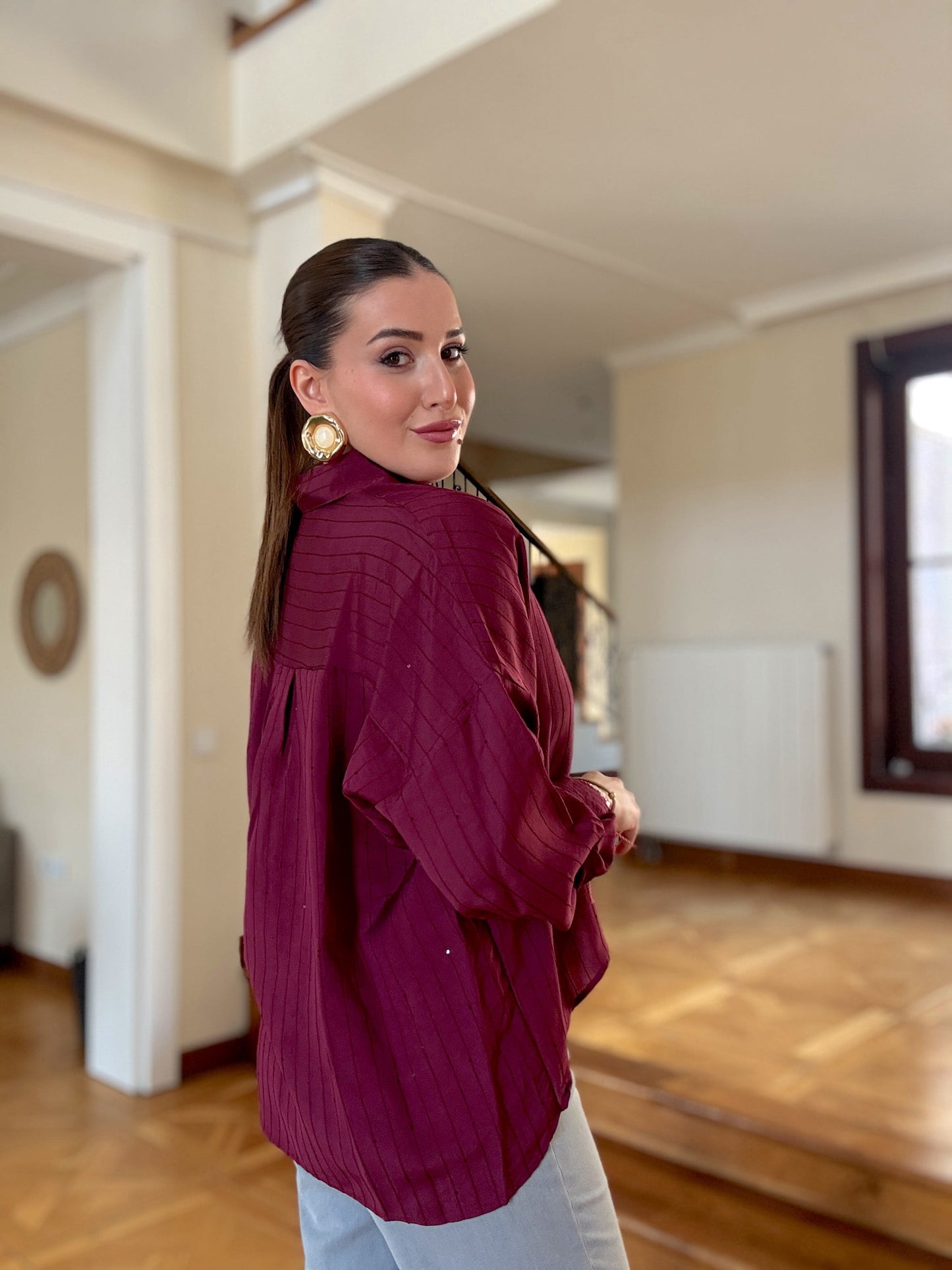 5 Düğme pullu gömlek Bordo