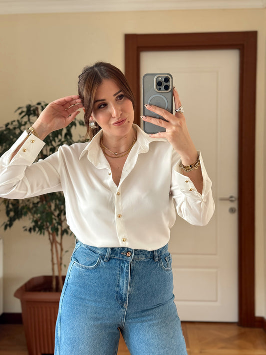 Gold düğme Detaylı Saten Gömlek-BEYAZ