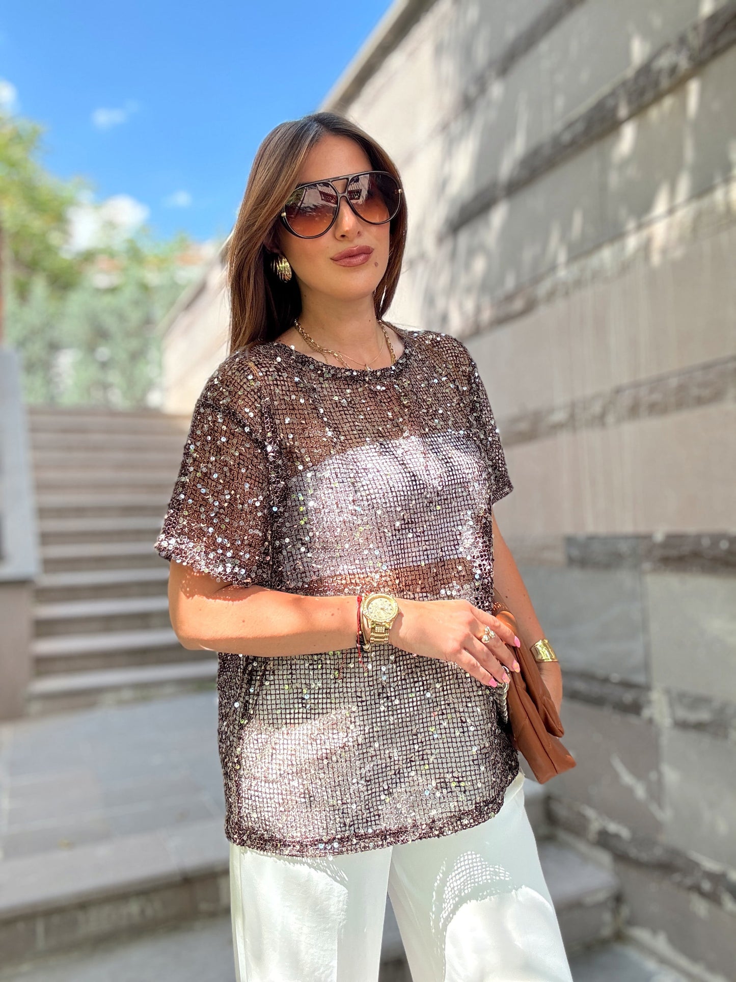 Premium pullu kumaş bluz Kahve