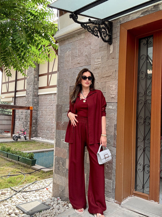 3 Parça  Keten Takım Bordo
