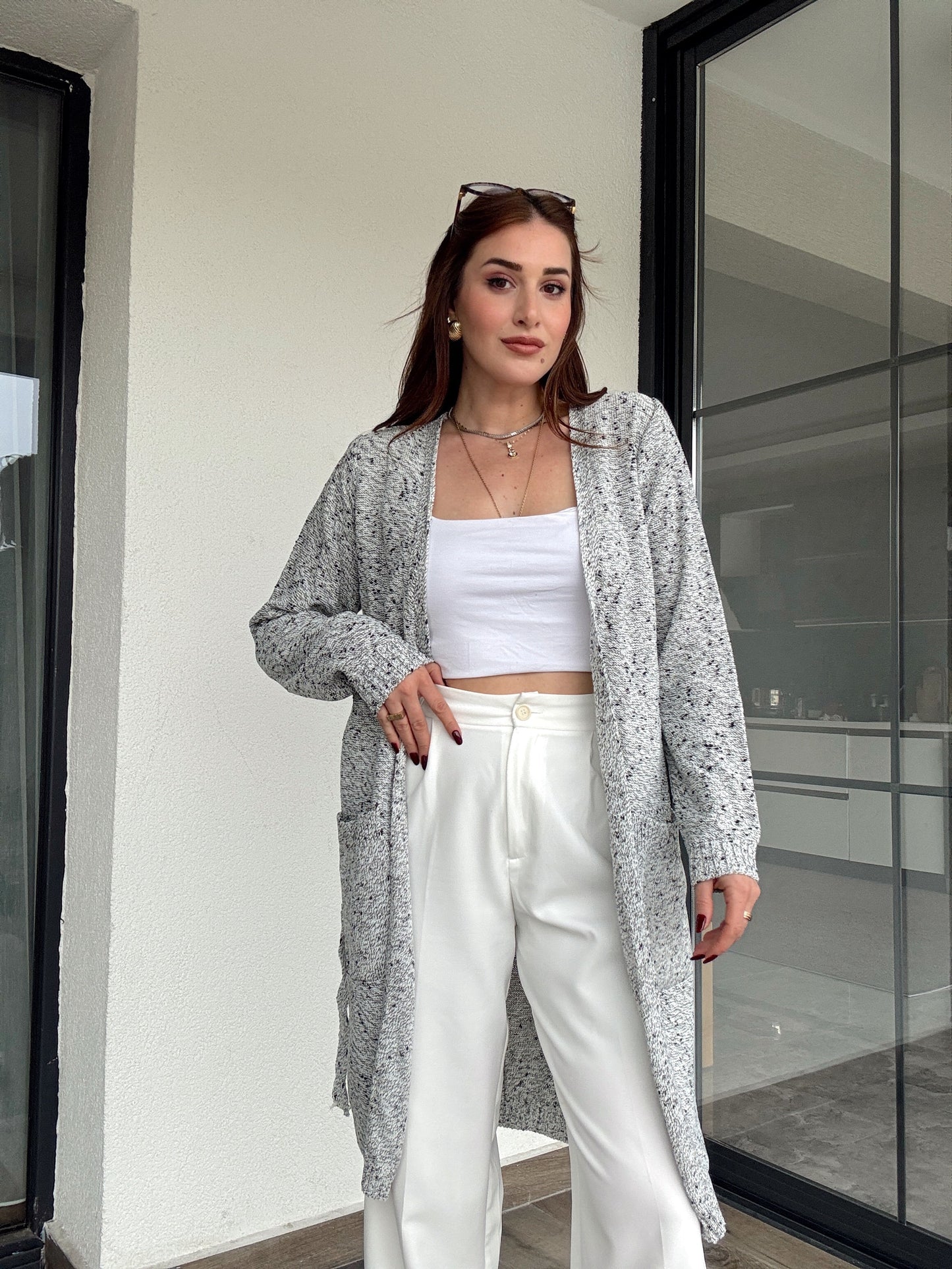 Bel kemer detaylı karışımlı ceket-GRİ