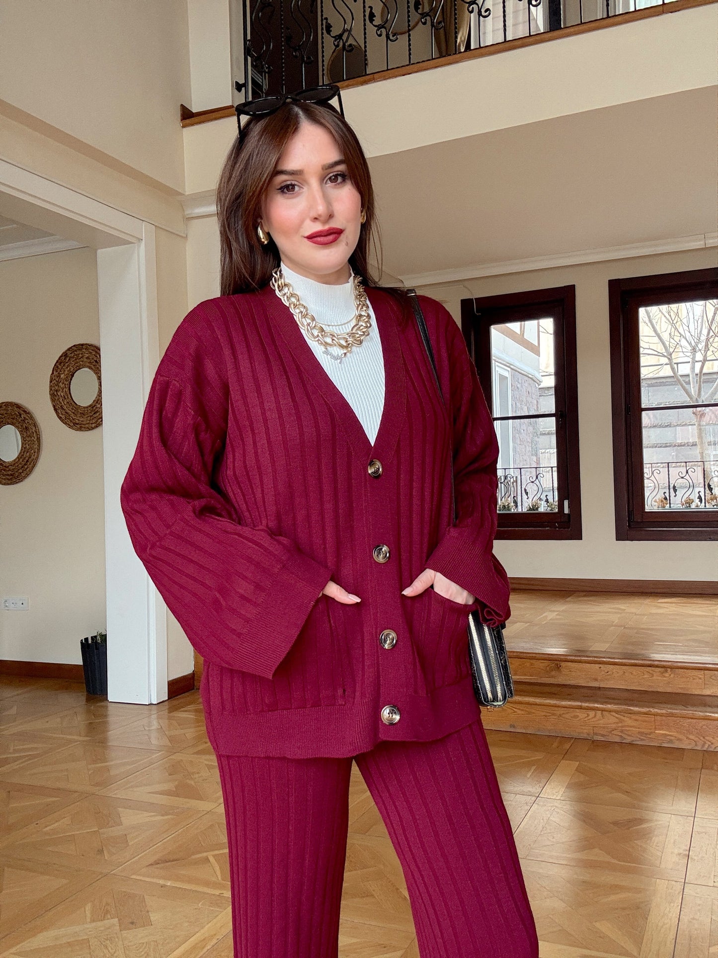 Düğmeli salaş triko takım Bordo