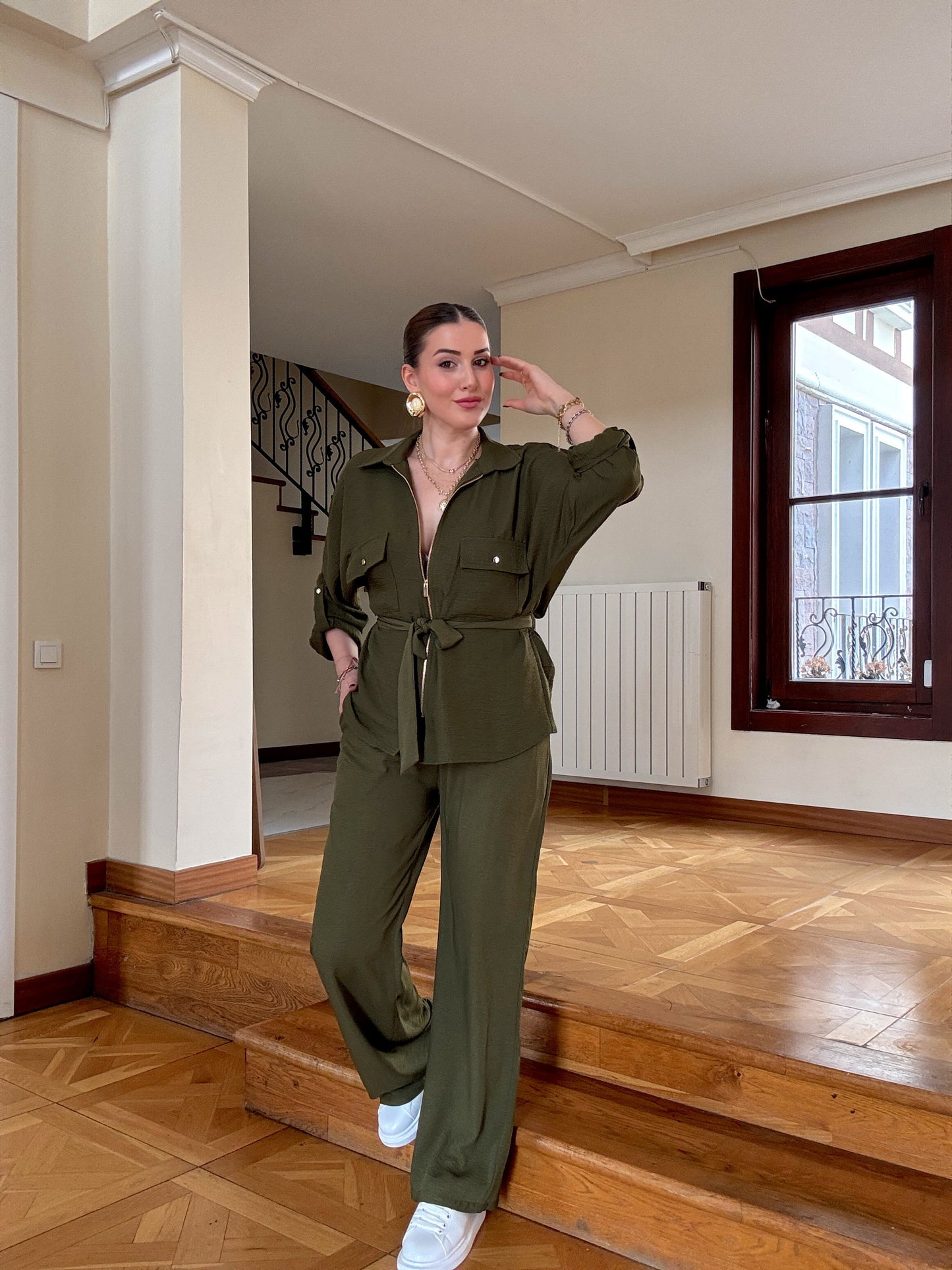 Tensel kumaş Gold Fermuarlı Kuşaklı Takım-Haki