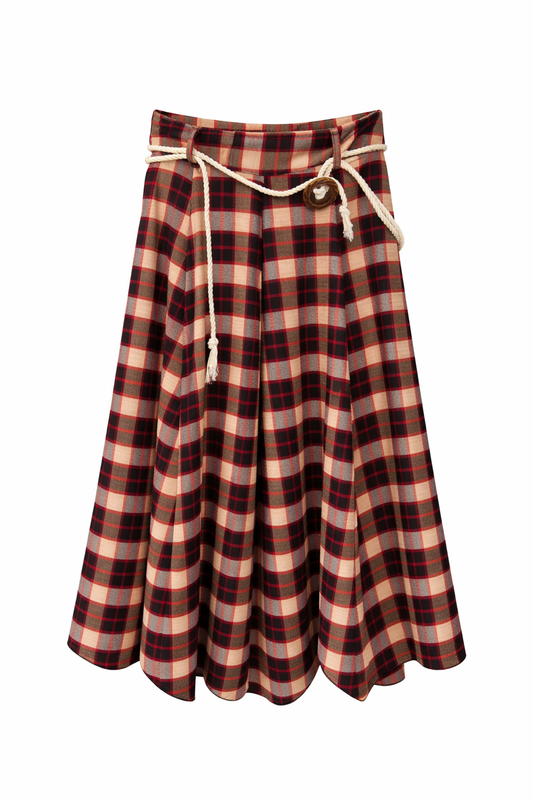 Kareli hasır kemer etek Kırmızı