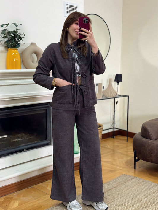 RUFFY bağlamalı yıkamalı gabardin ikili takım kahverengi