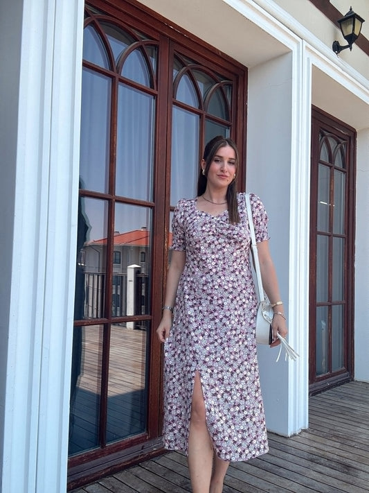 Papatya desen kalp yaka elbise LİLA