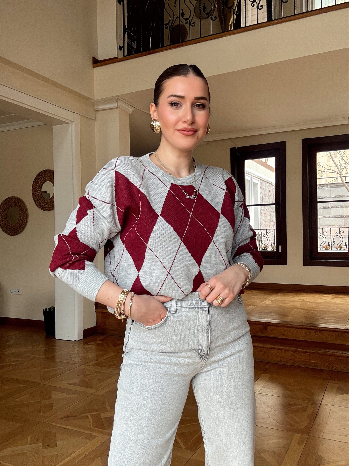 Pike Örgü Baklava Desenli Kazak Gri