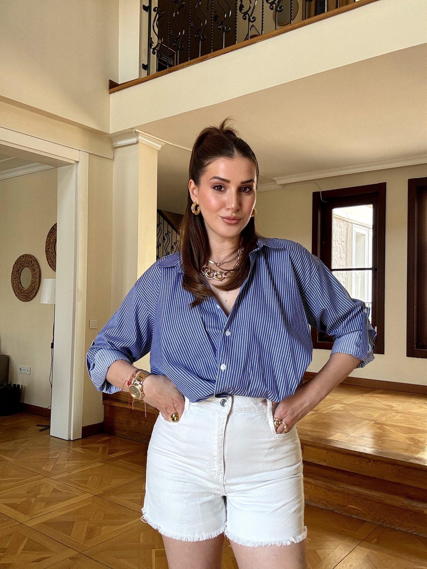 Önü düğümlü çizgili gömlek Lacivert